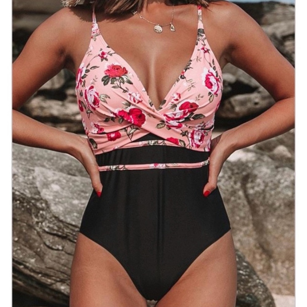 Beach Sissi Swim NWT Pink Black Flower CrissCross One Piece Swimsuit Size Small